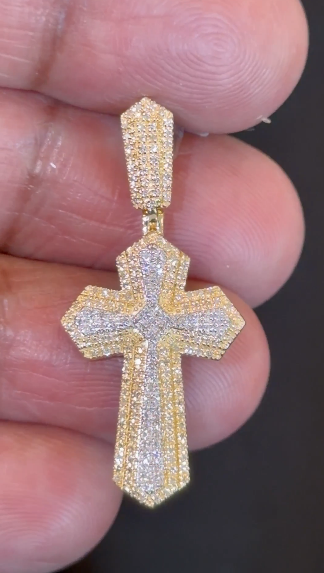 10K YELLOW GOLD .35 CARAT 1.40 INCHES NATURAL DIAMOND CROSS PENDANT CHARM