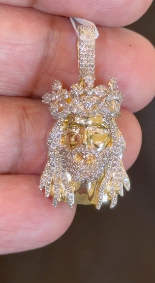 10K YELLOW GOLD 1.25 CARAT NATURAL DIAMONDS 1.40 INCHES JESUS HEAD PENDANT CHARM