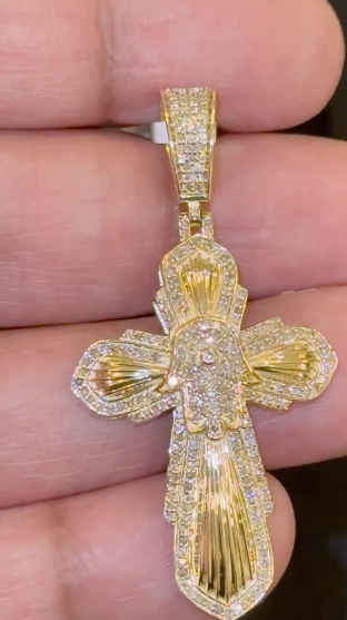 10K YELLOW GOLD 1 CARAT NATURAL DIAMONDS 2 INCHES CROSS PENDANT CHARM