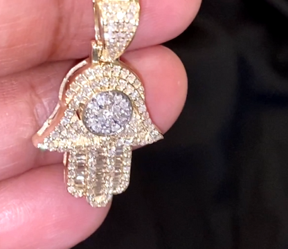 10K YELLOW GOLD 1 CARAT REAL DIAMOND 1.25 INCHES HAMSA HAND PENDANT CHARM