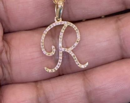 10K YELLOW GOLD .20 CARAT NATURAL DIAMOND 1 INCH LETTER R INITIAL PENDANT NECKLACE WITH GOLD CHAIN