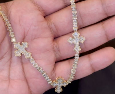 10K YELLOW GOLD 6.50 CARAT REAL DIAMOND 18 INCHES 15 MM 25.91 GRAMS GOLD CROSS CHAIN NECKLACE