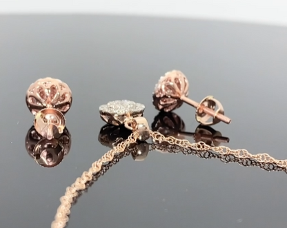 10K ROSE GOLD .60 CARAT REAL DIAMOND 7MM EARRINGS & PENDANT NECKLACE SET WITH ROSE GOLD CHAIN