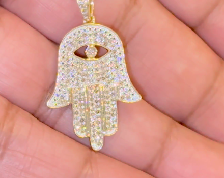 10K YELLOW GOLD .60 CARAT REAL DIAMOND 1.25 INCHES HAMSA HAND PENDANT CHARM