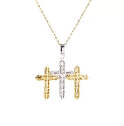 10K YELLOW WHITE GOLD 2.50 CARAT REAL DIAMOND 1.75 INCHES CROSS PENDANT CHARM