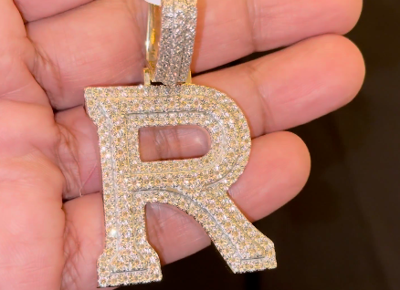 .85 CARAT NATURAL DIAMONDS STERLING SILVER WITH YELLOW GOLD PLATING LARGE 2.50 INCHES LETTER R CHARM PENDANT