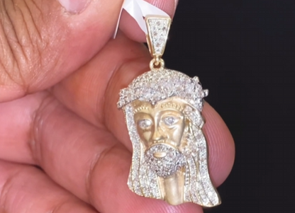 10K YELLOW GOLD .50 CARAT REAL DIAMOND 1.50 INCHES MEN JESUS FACE HEAD CROSS CHARM PENDANT