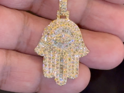 10K YELLOW GOLD 2.25 CARAT REAL DIAMOND 1.50 INCHES HAMSA HAND PENDANT CHARM