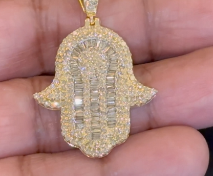 10K YELLOW GOLD 2.75 CARAT 1.75 INCHES REAL DIAMOND HAMSA HAND PENDANT CHARM