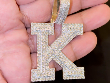 1 CARAT NATURAL DIAMONDS STERLING SILVER WITH YELLOW GOLD PLATING LARGE 2.50 INCHES LETTER K CHARM PENDANT