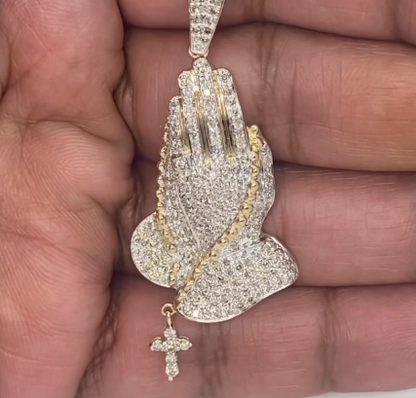 10K SOLID YELLOW GOLD 2.15 CARAT REAL DIAMOND 1.75" PRAYING HAND PENDANT CHARM