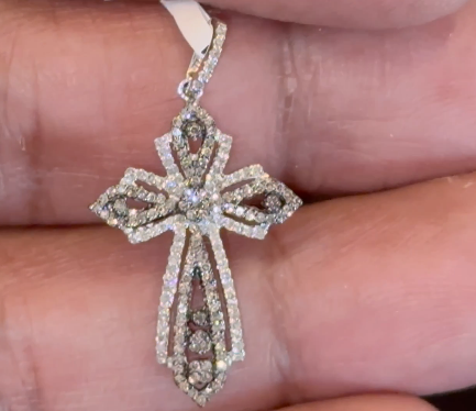 .50 CARAT NATURAL WHITE & CHAMPAGNE DIAMONDS STERLING SILVER 30 MM CROSS PENDANT