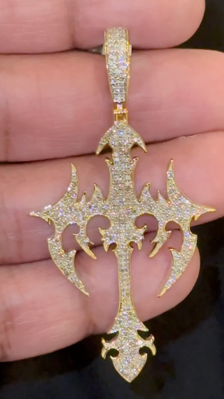 10K YELLOW GOLD 1.50 CARAT NATURAL DIAMONDS 2.25 INCHES CROSS PENDANT CHARM