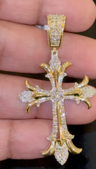 10K YELLOW GOLD 1.50 CARAT NATURAL DIAMONDS 2.25 INCHES CROSS PENDANT CHARM