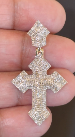 10K YELLOW GOLD 1.25 CARAT NATURAL DIAMONDS 1.75 INCHES CROSS PENDANT CHARM