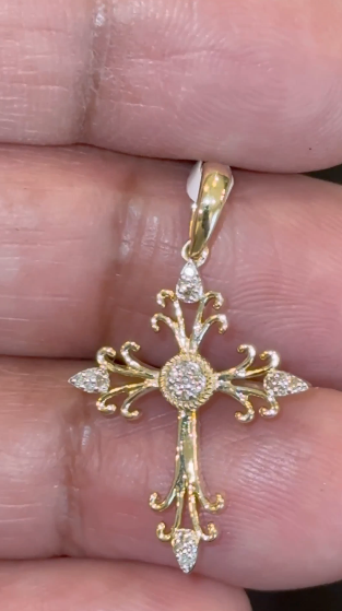 10K YELLOW GOLD .15 CARAT NATURAL DIAMOND 1.25 INCHES CROSS PENDANT