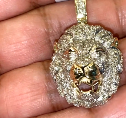 10K YELLOW GOLD 1.35 CARAT REAL DIAMOND 1.50 INCHES LION HEAD PENDANT CHARM