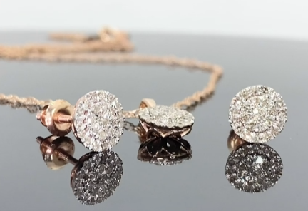 10K ROSE GOLD .60 CARAT REAL DIAMOND 7MM EARRINGS & PENDANT NECKLACE SET WITH ROSE GOLD CHAIN