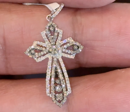 .50 CARAT NATURAL WHITE & CHAMPAGNE DIAMONDS STERLING SILVER 30 MM CROSS PENDANT