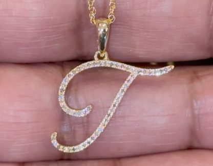 10K YELLOW GOLD .20 CARAT NATURAL DIAMOND 1 INCH LETTER T INITIAL PENDANT NECKLACE WITH GOLD CHAIN