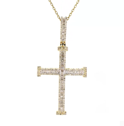 10K YELLOW GOLD 1.50 CARAT REAL DIAMOND 2.25 INCHES CROSS PENDANT CHARM
