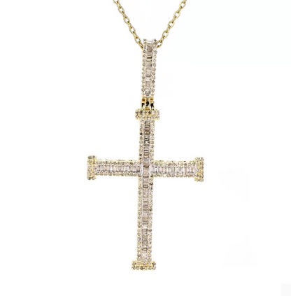 10K YELLOW GOLD 1.50 CARAT REAL DIAMOND 2.25 INCHES CROSS PENDANT CHARM