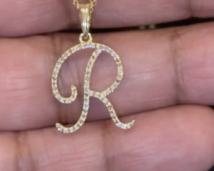 10K YELLOW GOLD .20 CARAT NATURAL DIAMOND 1 INCH LETTER R INITIAL PENDANT NECKLACE WITH GOLD CHAIN