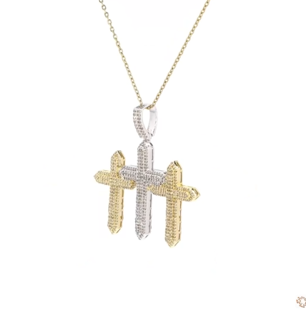 10K YELLOW WHITE GOLD 2.50 CARAT REAL DIAMOND 1.75 INCHES CROSS PENDANT CHARM