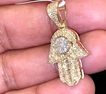 10K YELLOW GOLD 1 CARAT REAL DIAMOND 1.25 INCHES HAMSA HAND PENDANT CHARM