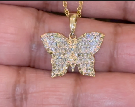 10K YELLOW GOLD .60 CARAT .75 INCH REAL DIAMOND BUTTERFLY PENDANT WITH GOLD CHAIN