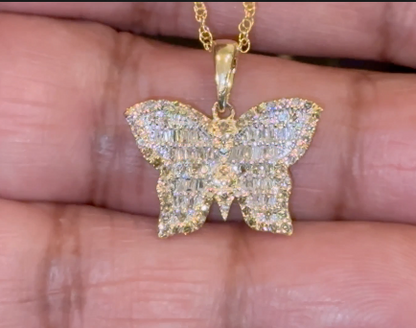 10K YELLOW GOLD .60 CARAT .75 INCH REAL DIAMOND BUTTERFLY PENDANT WITH GOLD CHAIN