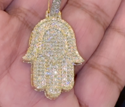 10K YELLOW GOLD 2 CARAT REAL DIAMOND 1.75 INCHES HAMSA HAND PENDANT CHARM