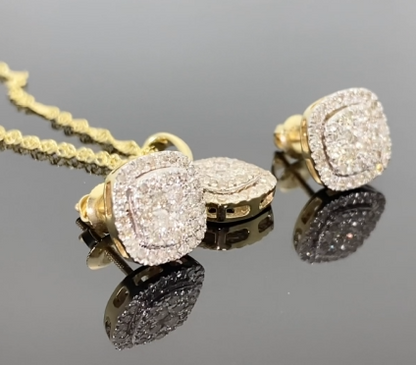 10K YELLOW GOLD 1.25 CARAT REAL DIAMOND 9 MM EARRINGS & PENDANT NECKLACE SET WITH YELLOW GOLD CHAIN