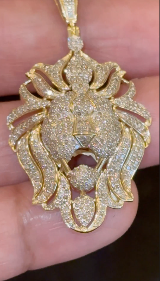 10K YELLOW GOLD 2 CARAT NATURAL DIAMOND 2 INCHES LION HEAD PENDANT CHARM