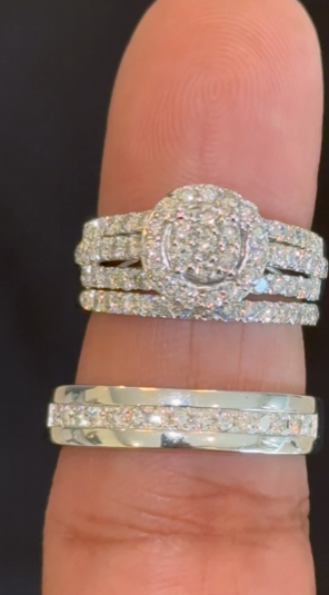 10K WHITE GOLD 1.75 CARAT MEN WOMEN DIAMOND TRIO ENGAGEMENT WEDDING RING BAND SET