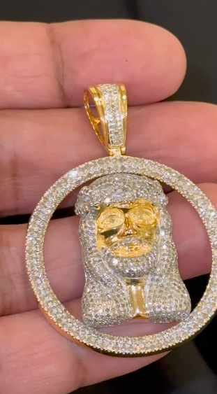 3.50 CARAT NATURAL DIAMONDS STERLING SILVER GOLD PLATED 2 INCHES JESUS FACE HEAD CROSS CHARM PENDNT
