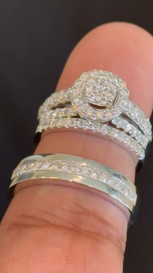 10K WHITE GOLD 1.75 CARAT MEN WOMEN DIAMOND TRIO ENGAGEMENT WEDDING RING BAND SET