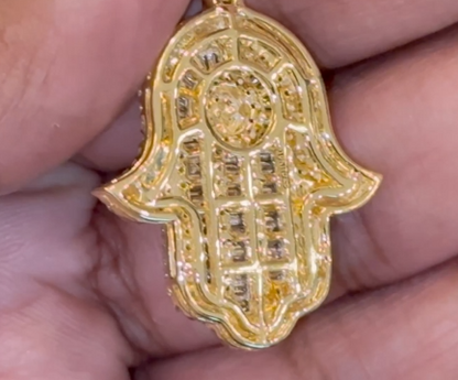 10K YELLOW GOLD 2.75 CARAT 1.75 INCHES REAL DIAMOND HAMSA HAND PENDANT CHARM