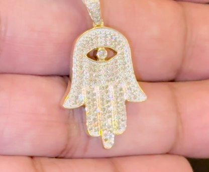 10K YELLOW GOLD .60 CARAT REAL DIAMOND 1.25 INCHES HAMSA HAND PENDANT CHARM