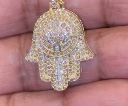 10K YELLOW GOLD 1.10 CARAT REAL DIAMOND 1.50 INCHES HAMSA HAND PENDANT CHARM