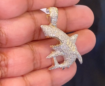 10K SOLID YELLOW GOLD 2.50 CARAT REAL DIAMOND 1.50" SHARK FISH PENDANT CHARM