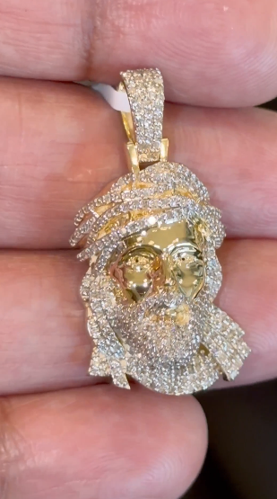 10K YELLOW GOLD 1.25 CARAT NATURAL DIAMONDS 1.40 INCHES JESUS HEAD PENDANT CHARM