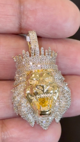 10K YELLOW GOLD 2 CARAT NATURAL DIAMONDS 1.50 INCHES LION HEAD PENDANT CHARM