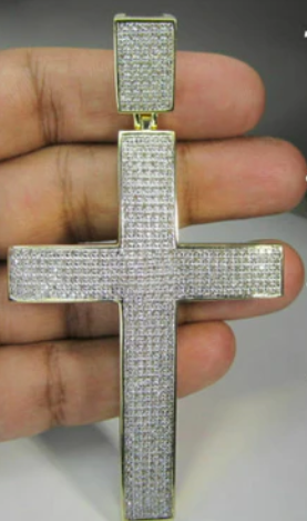 3 CARAT LARGE 4 INCH REAL DIAMONDS STERLING SILVER WITH YELLOW GOLD PLATING CROSS CHARM PENDANT