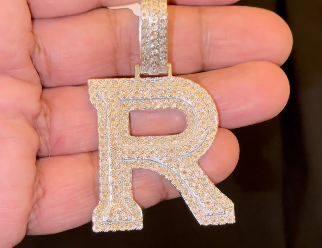 .85 CARAT NATURAL DIAMONDS STERLING SILVER WITH RHODIUM PLATING LARGE 2.50 INCHES LETTER R CHARM PENDANT