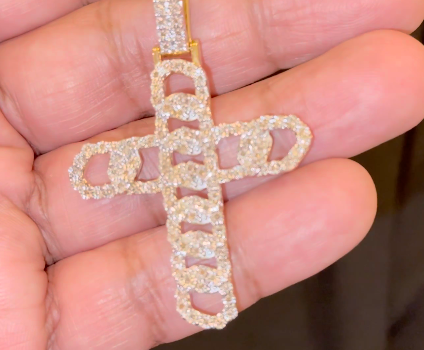 .70 CARAT NATURAL DIAMONDS STERLING SILVER WITH YELLOW GOLD PLATING LARGE 2.25 INCHES CROSS PENDANT