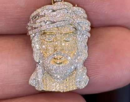 10K YELLOW GOLD .60 CARAT 1.25 INCHES NATURAL DIAMOND JESUS HEAD PENDANT CHARM