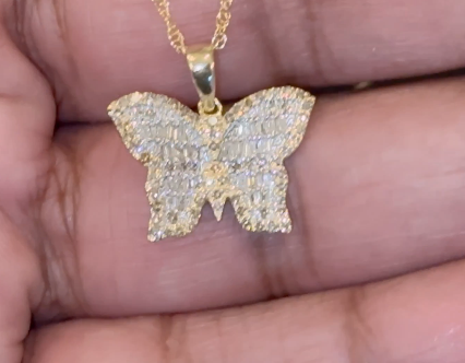 10K YELLOW GOLD .60 CARAT .75 INCH REAL DIAMOND BUTTERFLY PENDANT WITH GOLD CHAIN