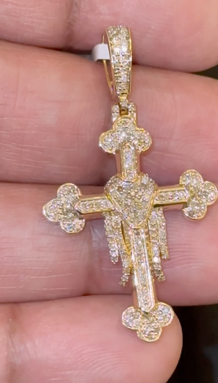 10K YELLOW GOLD .75 CARAT NATURAL DIAMONDS 1.75 INCHES CROSS PENDANT CHARM
