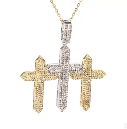 10K YELLOW WHITE GOLD 2.50 CARAT REAL DIAMOND 1.75 INCHES CROSS PENDANT CHARM